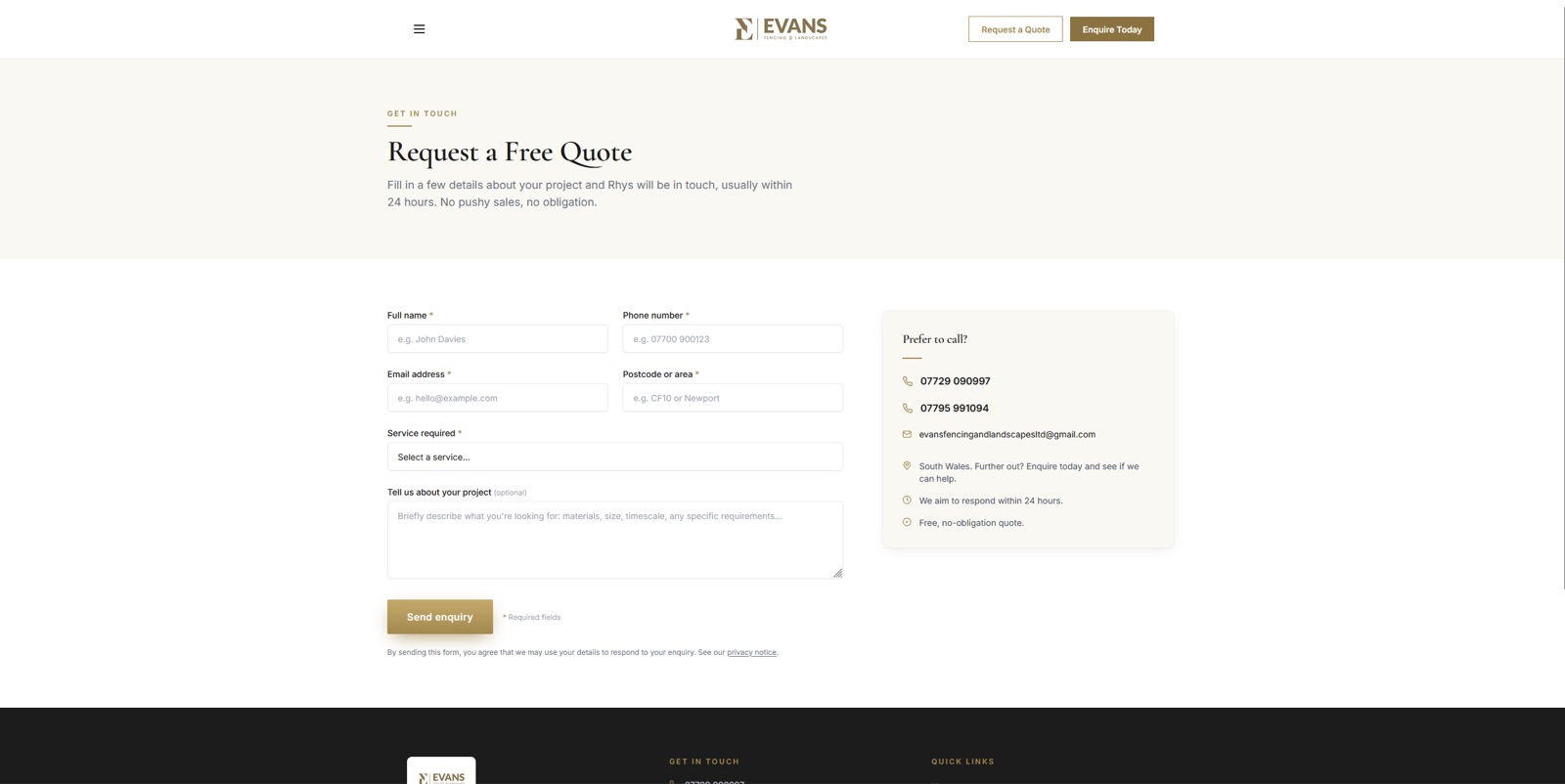 Request a Free Quote form on the Evans site with name, phone, postcode and service fields alongside direct contact details