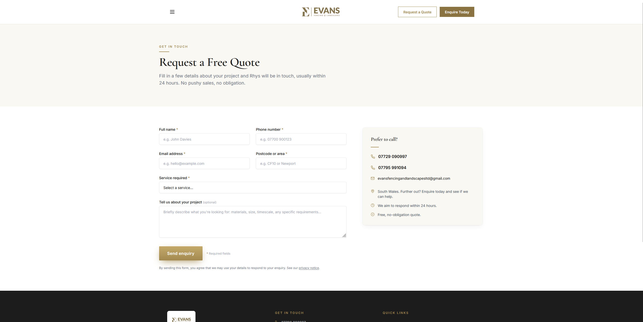 Request a Free Quote form on the Evans site with name, phone, postcode and service fields alongside direct contact details