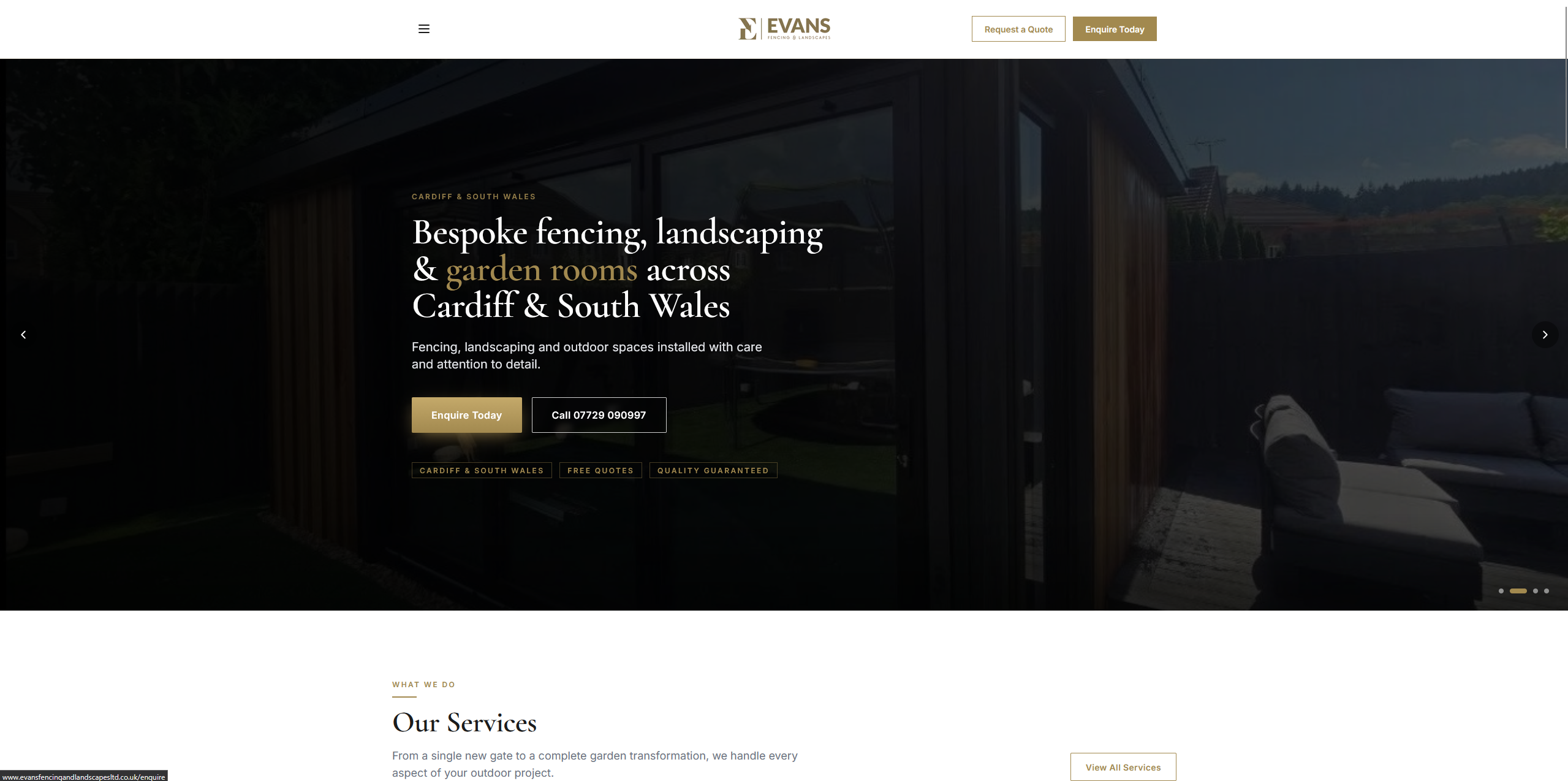 Evans Fencing & Landscapes homepage: garden room photography with enquiry and phone call buttons