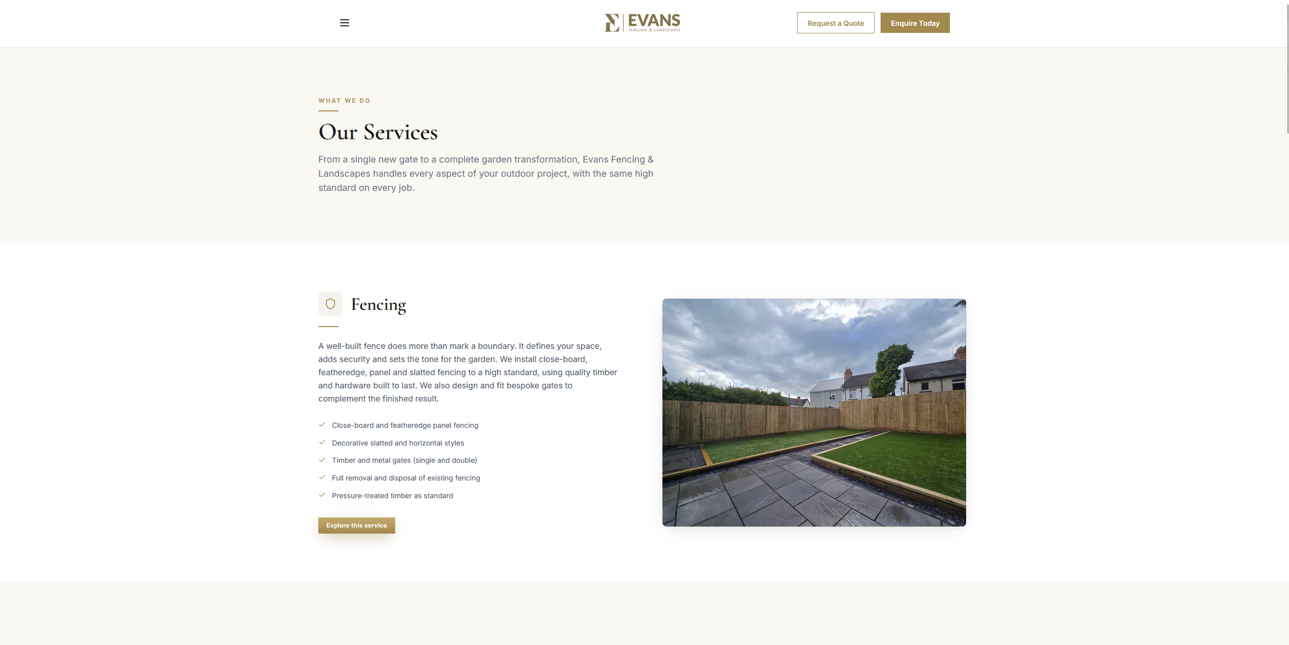 Fencing service section on the Evans site: description, bullet-point specification and photo of a completed close-board fence