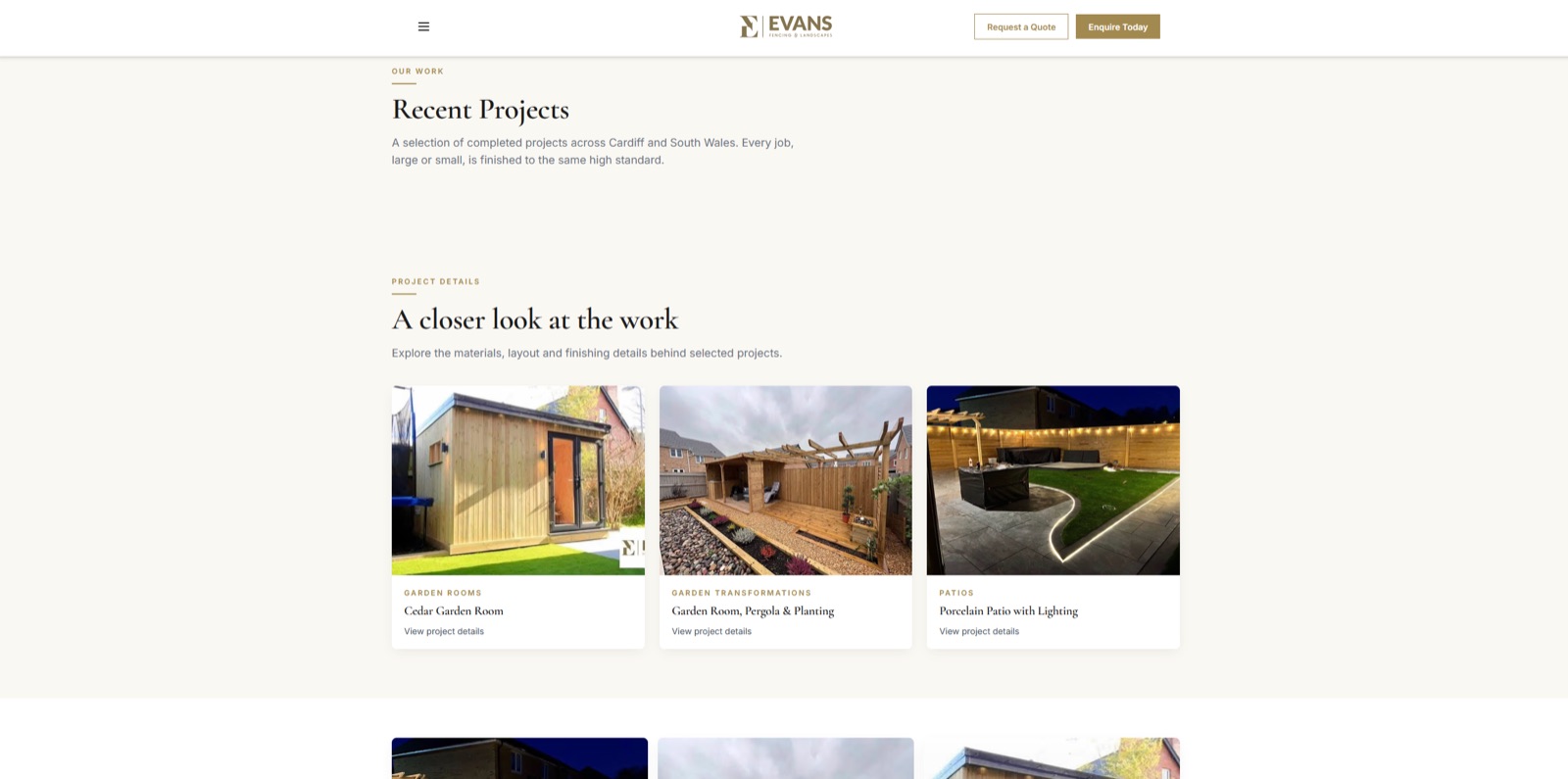 Recent projects gallery on the Evans site: cedar garden room, pergola and planting, and a porcelain patio with lighting