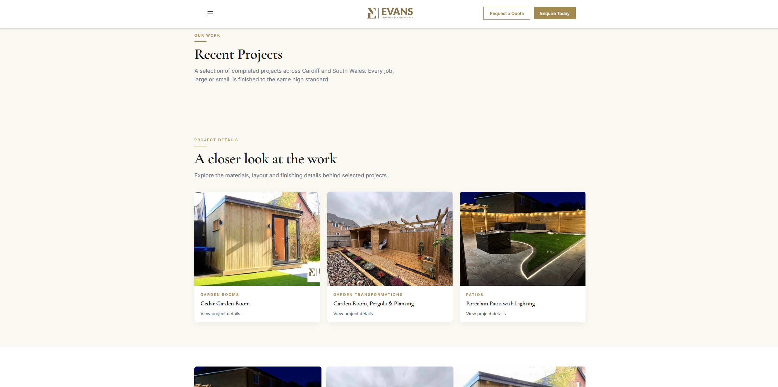 Recent projects gallery on the Evans site: cedar garden room, pergola and planting, and a porcelain patio with lighting