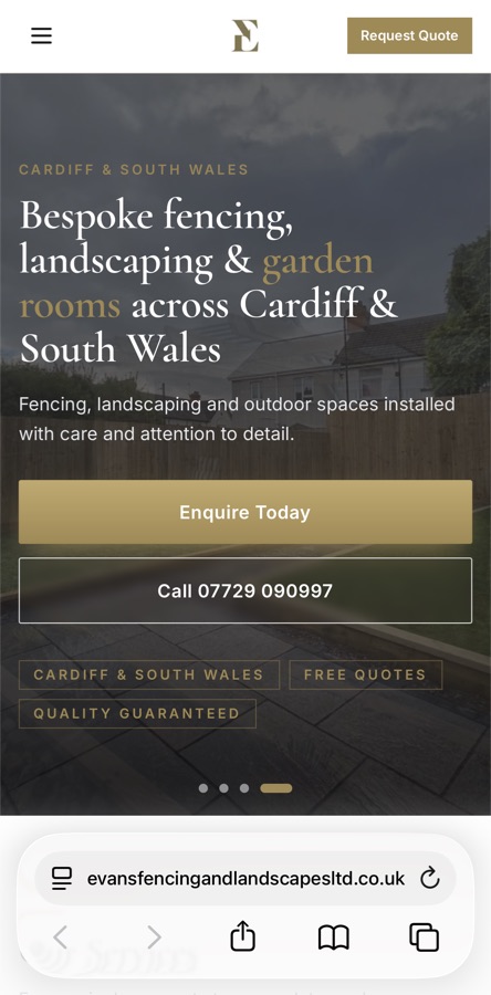 Evans Fencing & Landscapes homepage on an iPhone: full-width Enquire Today and click-to-call buttons above the fold