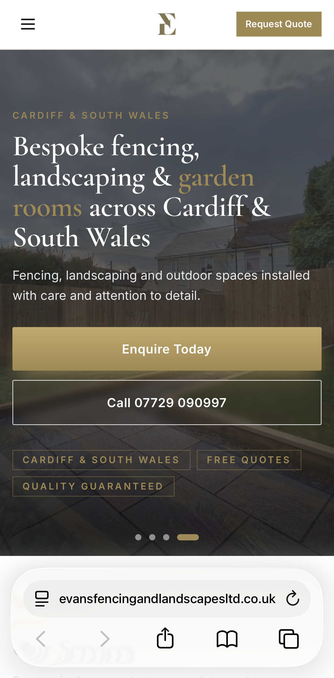 Evans Fencing & Landscapes homepage on an iPhone: full-width Enquire Today and click-to-call buttons above the fold