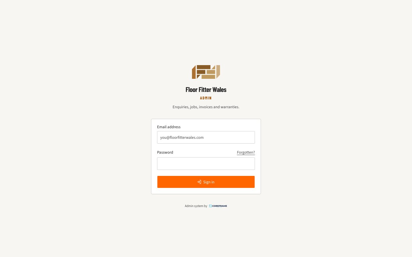 The sign-in screen of the Floor Fitter Wales admin system, carrying the client's own logo and colours
