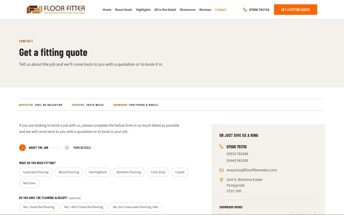 The Floor Fitter Wales quote form, which posts every enquiry into their admin system