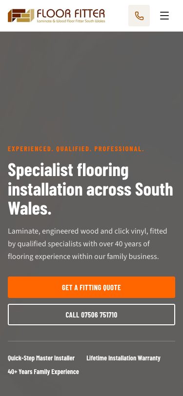 Current mobile homepage of the Floor Fitter Wales website with the quote and call buttons at the top