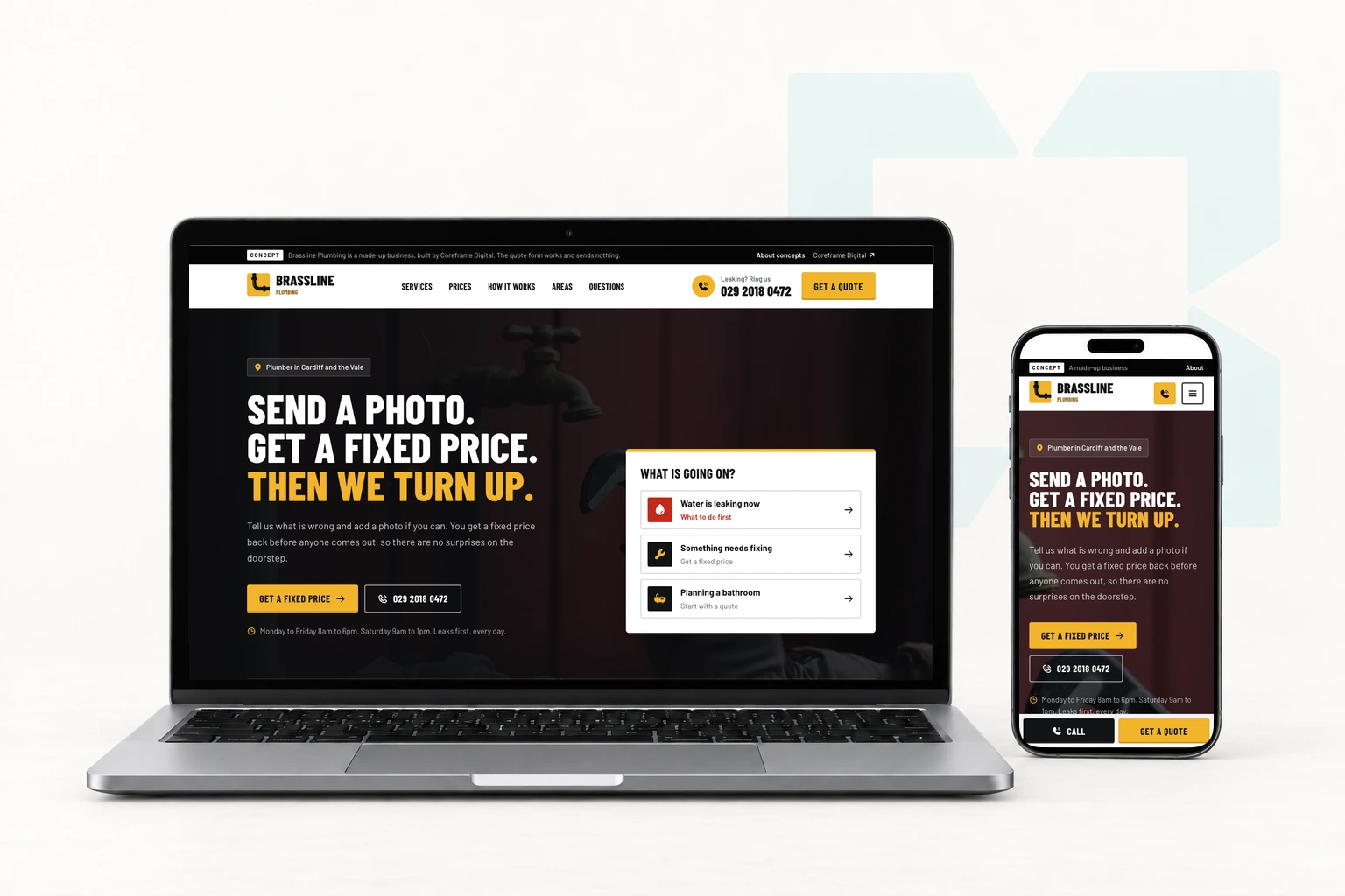The Brassline Plumbing concept site on a laptop and a phone