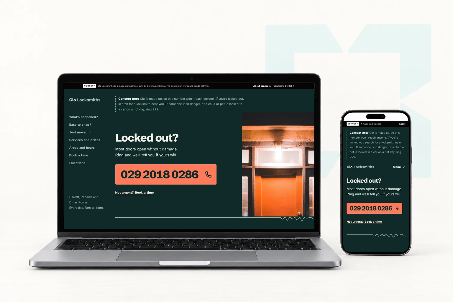 The Clo Locksmiths concept site on a laptop and a phone