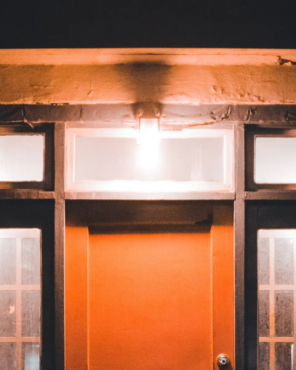 A front door at night, lit by a single porch light