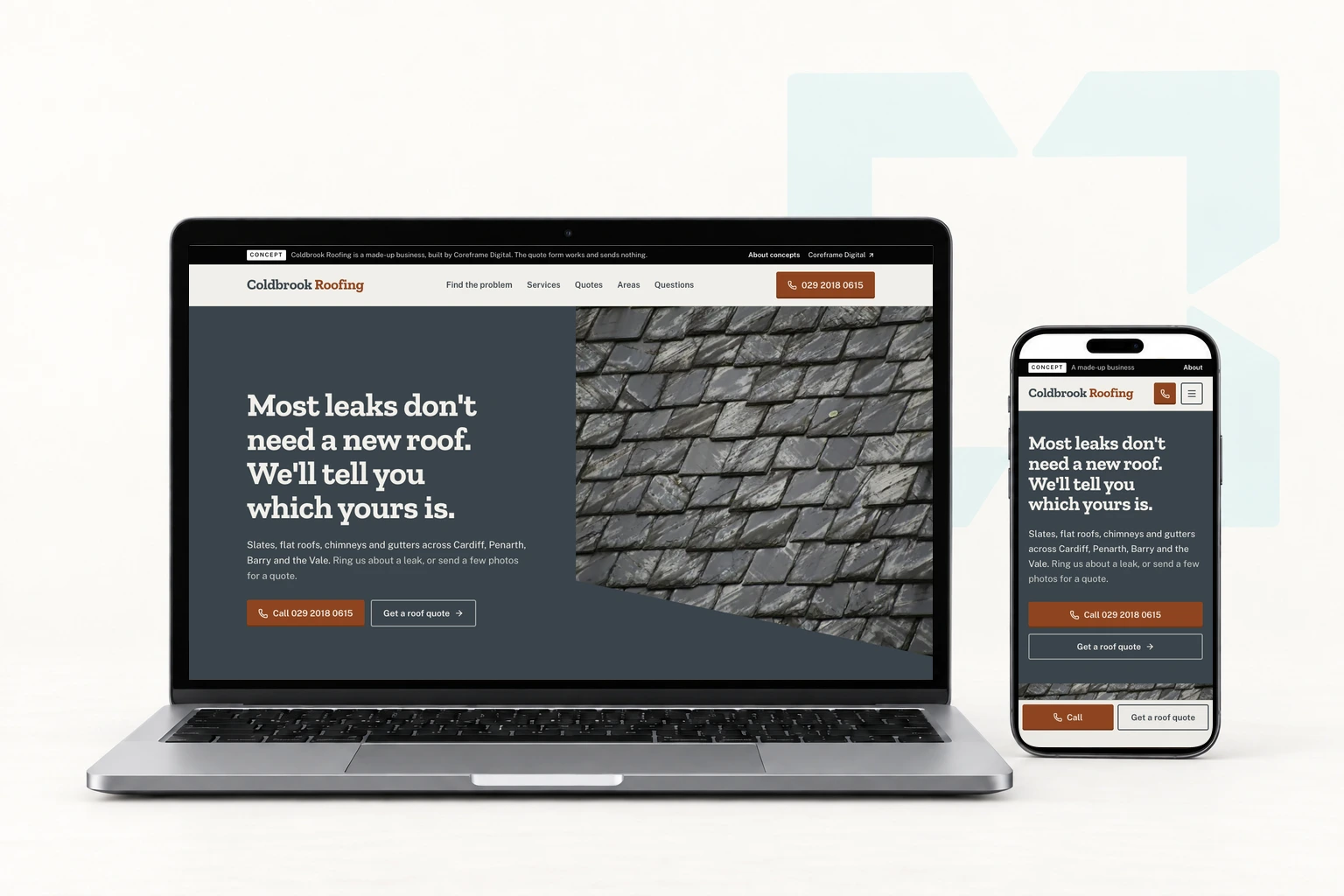 The Coldbrook Roofing concept site on a laptop and a phone