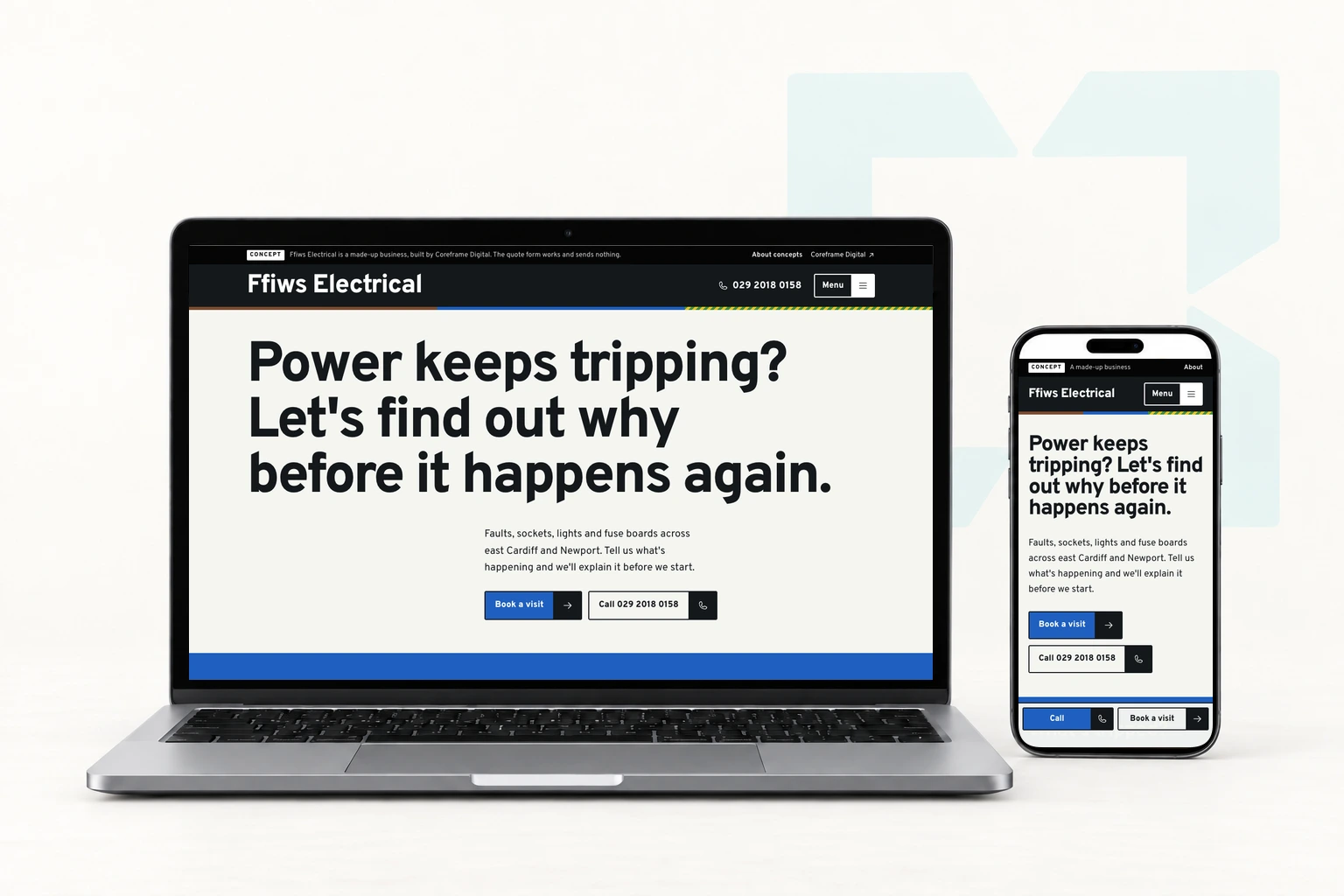 The Ffiws Electrical concept site on a laptop and a phone