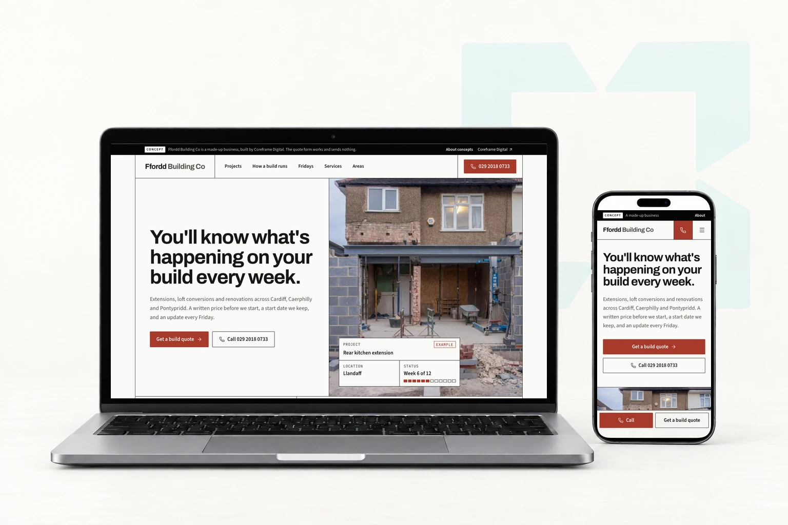 The Ffordd Building Co concept site on a laptop and a phone