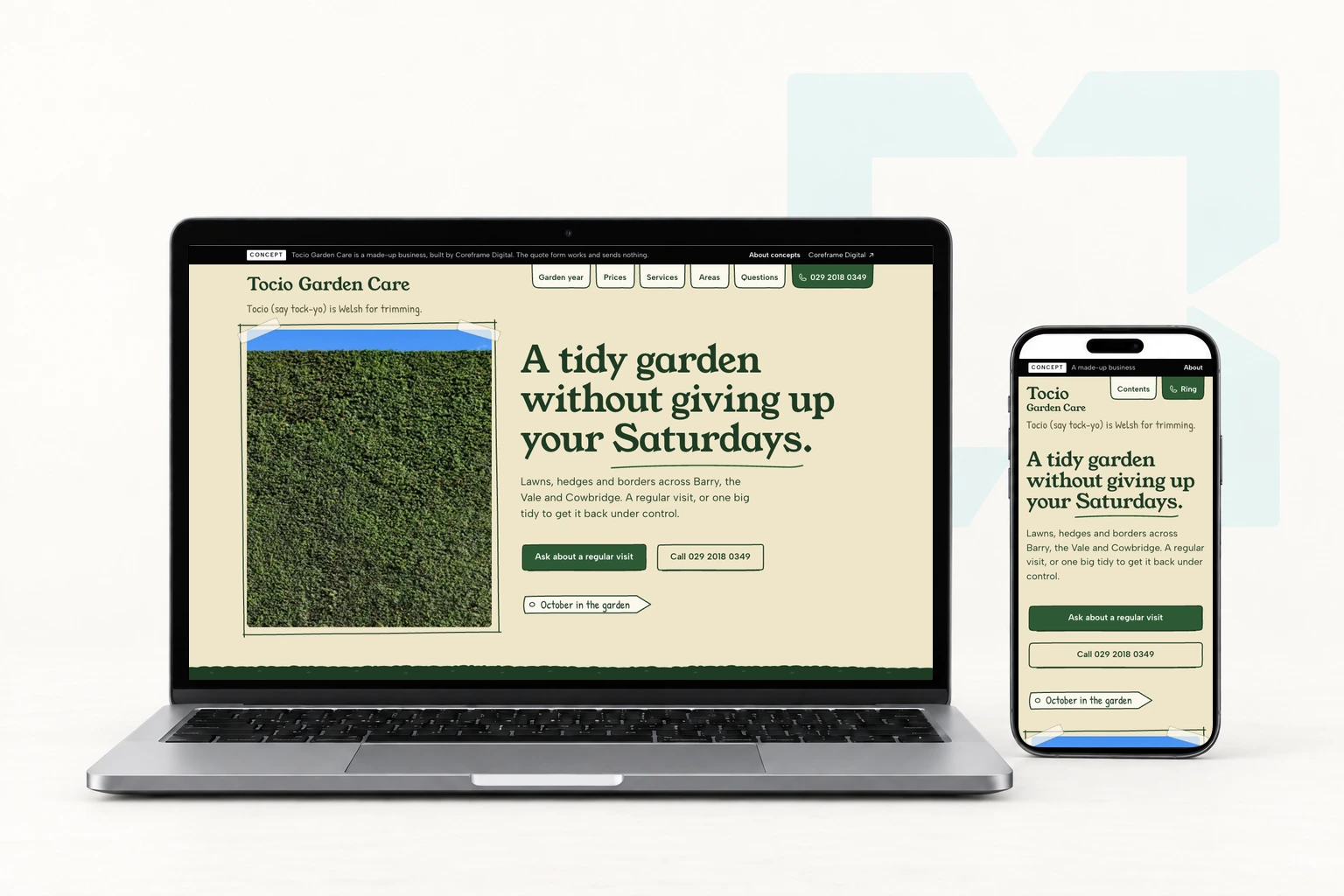 The Tocio Garden Care concept site on a laptop and a phone