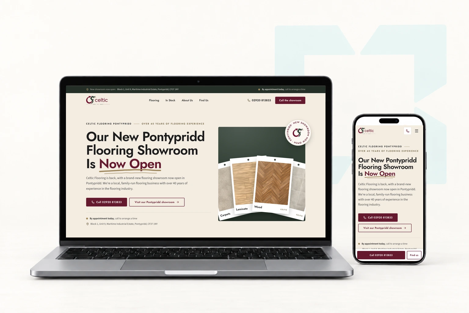 The Celtic Flooring website on a laptop and a phone