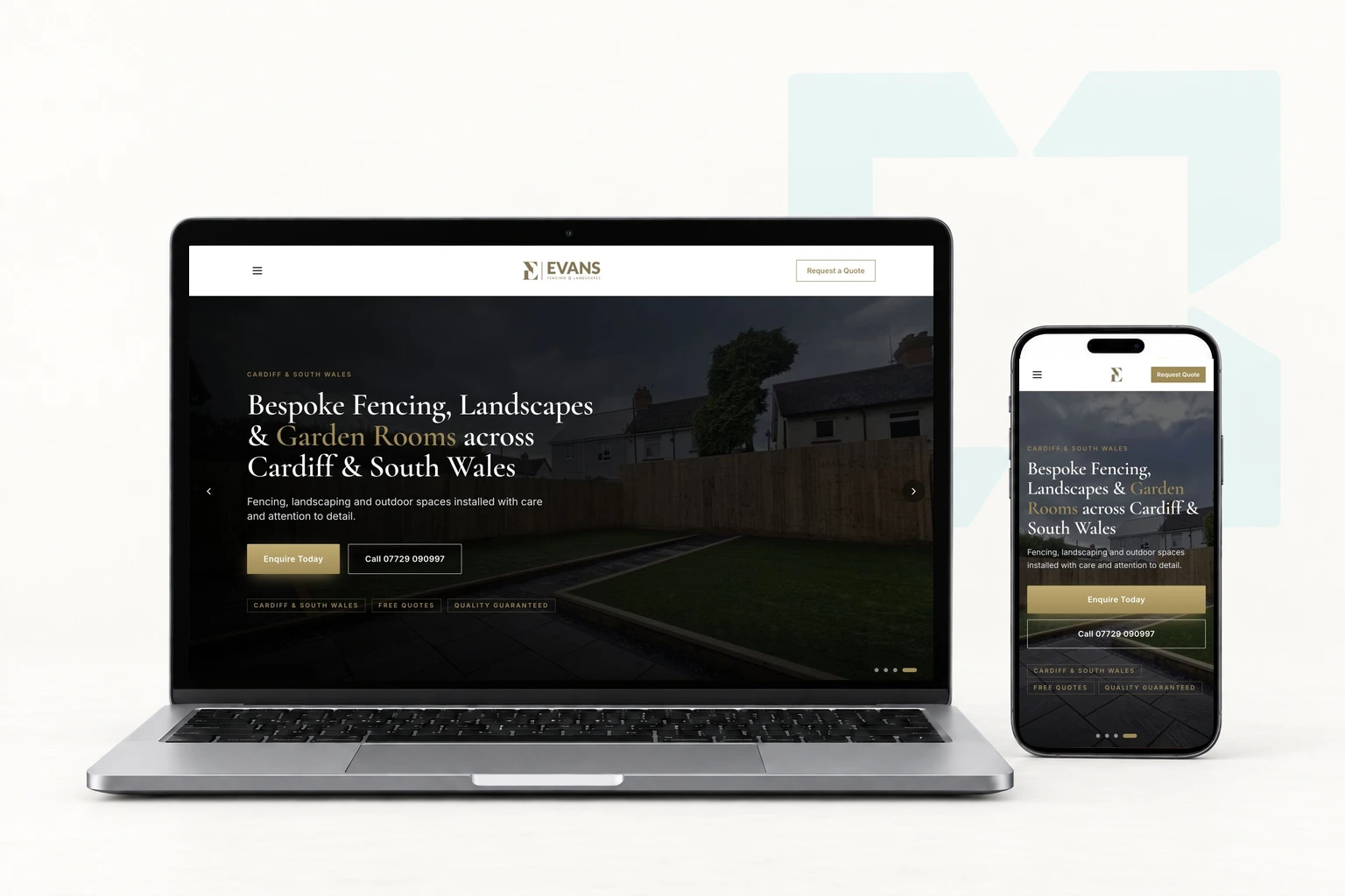 The Evans Fencing & Landscapes website on a laptop and a phone